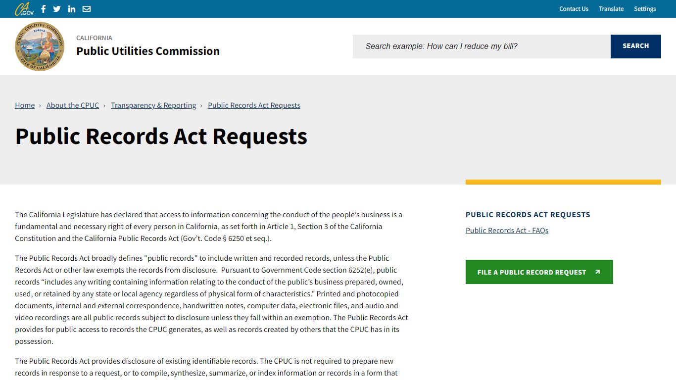 Public Records Act Requests - California Public Utilities Commission